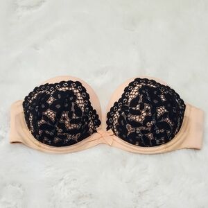 Victoria's Secret Strapless Elegant Lace Overlay Bra - Black and Powder Pink 32B